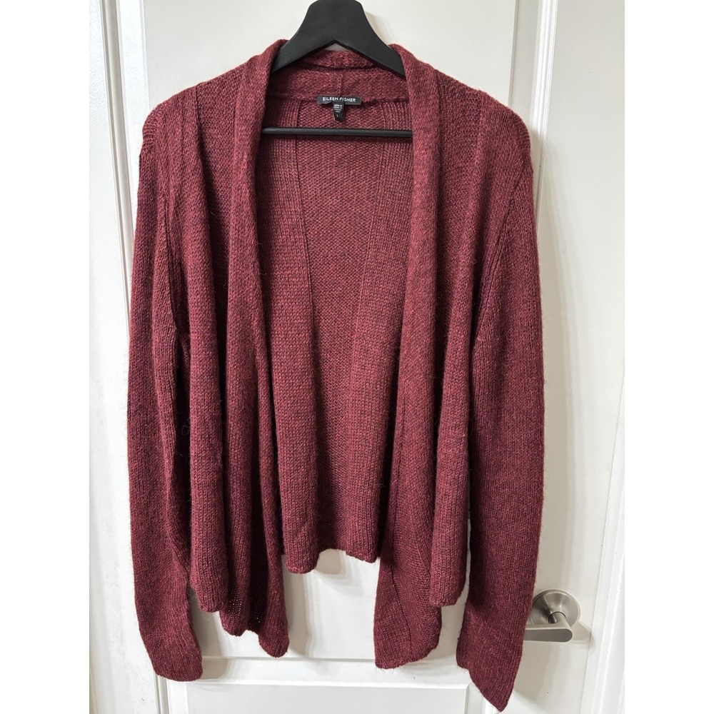 Eileen Fisher Size L Alpaca Silk Open Front Wine Burgundy Cardigan - Picture 7 of 7